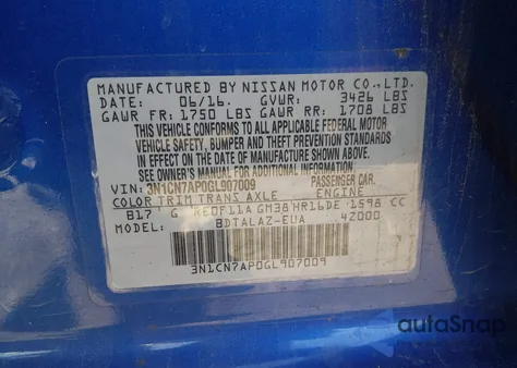 2016 Nissan Versa 1.6 S+ z USA, uszkodzony, nr VIN 3N1CN7AP0GL907009